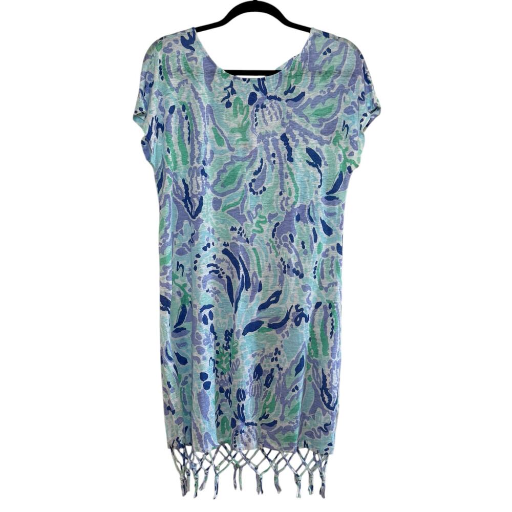 Lilly Pulitzer 100% Linen Fringe Hem  Beachcomber Dress Lilly Lilac Nice Ink